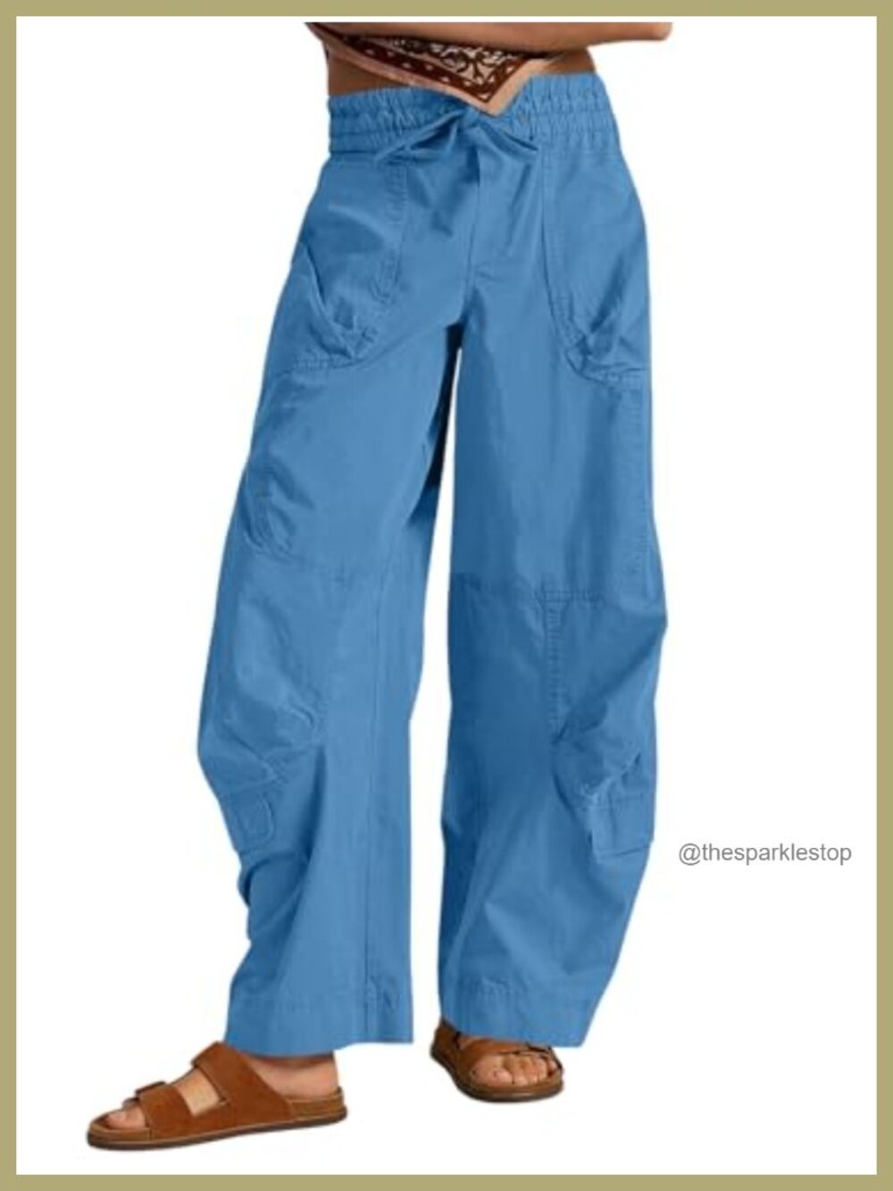 100% Cotton Wide Leg Barrel Pants Drawstring High Waist Trousers Pockets